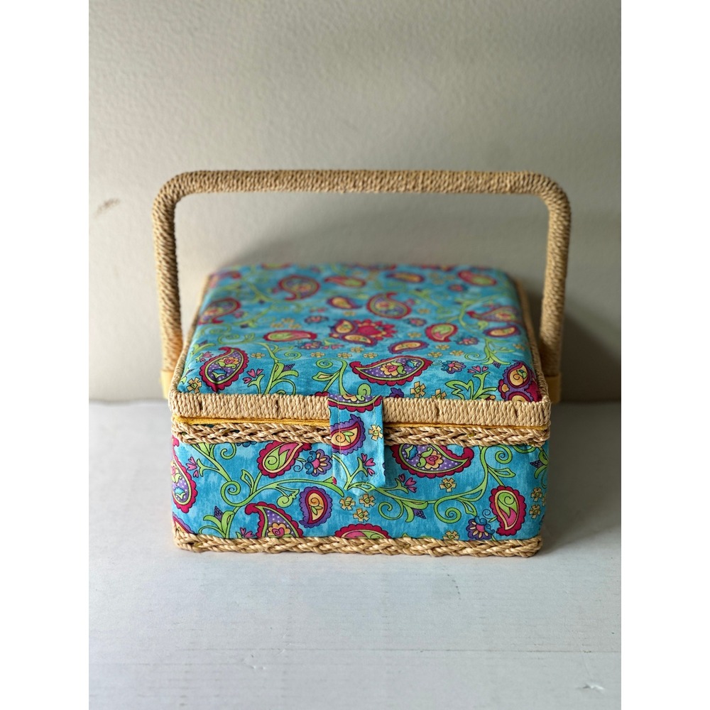 Vintage Wicker Sewing Basket Turquoise Paisley Fabric Craft Box with Pin Cushion